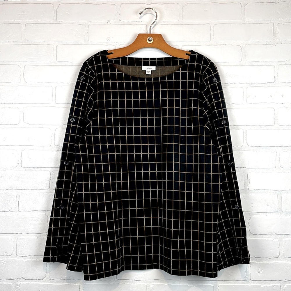 J.Jill Ponte Knit Black Windowpane Boatneck Boho Lagenlook Tunic Sweater XL